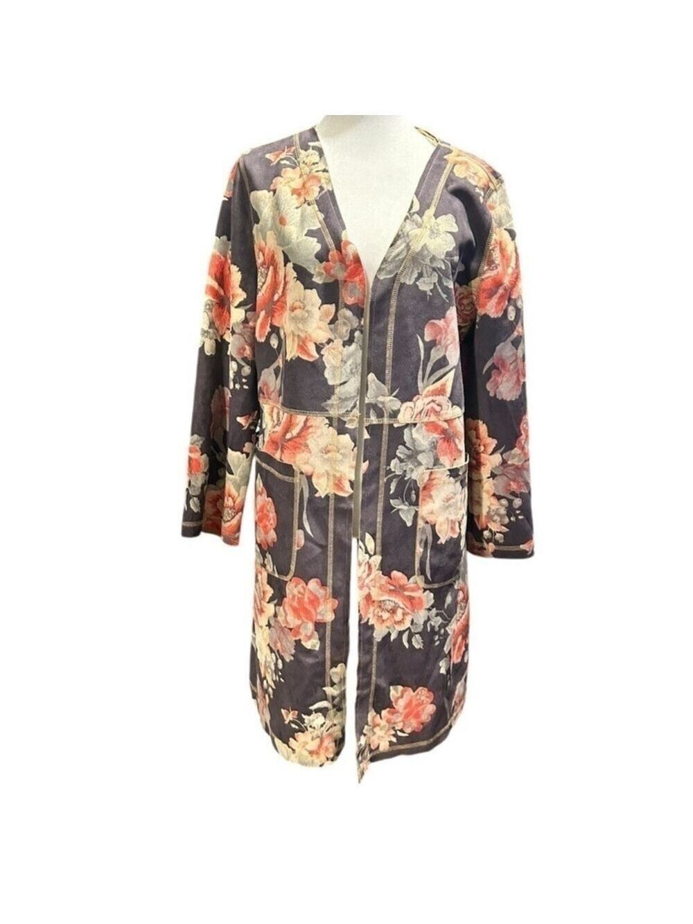 SOLITAIRE Anthropologie Cardigan Faux Suede Duster Floral Kimono Jacket Sz M EC